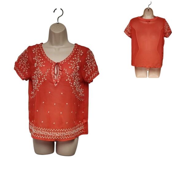 American Eagle Embroidery Short Sleeve Chiffon Top Blouse Pink/ White Size Small - Picture 1 of 6